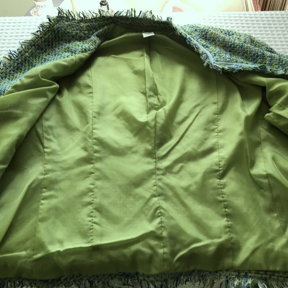 Dressbarn Sz 16 Tweed Open Front Blazer Fringe Pockets Green Blue - Picture 8 of 9